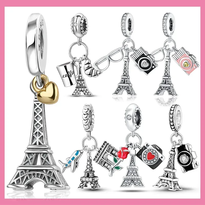 Charm-Anhänger aus 925er-Sterlingsilber mit Pariser Turm, Flugzeug-Reise-Charm-Anhänger, Perlen, passend für Original-Armbänder für Damen, Schmuckherstellung
