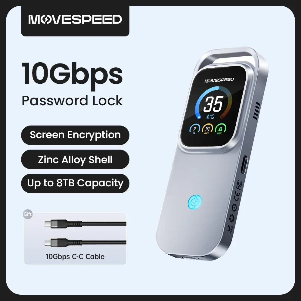 MOVESPEED AC10 10Gbps M.2 NVMe PCIe SSD-Gehäuse USB-C 3.2 TurboX Smart Touchscreen Verschlüsselungs-SSD-Box Zinklegierung ProCool-Gehäuse