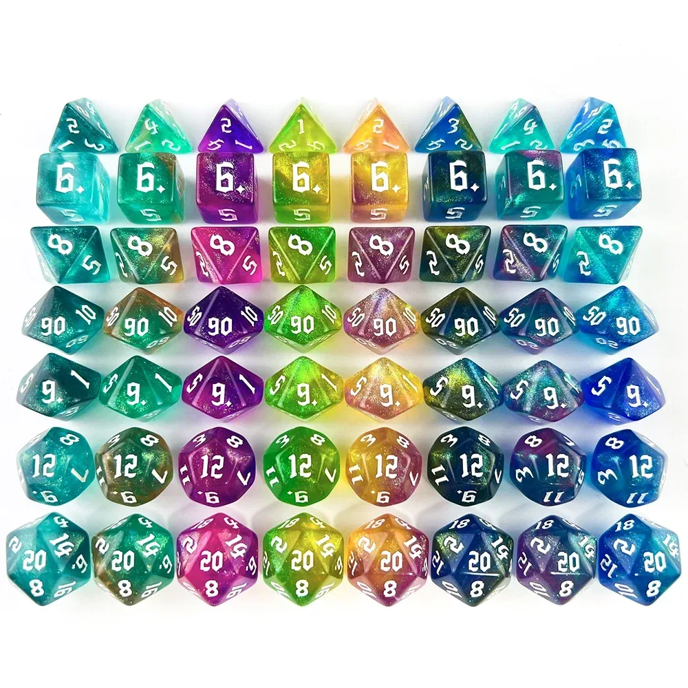 DND Würfel RPG Würfel Acrylwürfel Mehrfarbig Sternenlicht-Effekt 7er Würfelset Retro-Schriftstil für Brettspiele DND RPG Zubehör
