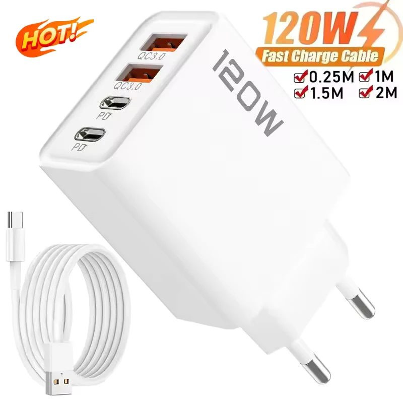 4 Port 120 W USB C Schnellladestation PD QC3.0 Wandadapter Datenkabel für iPhone Samsung Xiaomi Huawei EU US UK Stecker Reisen
