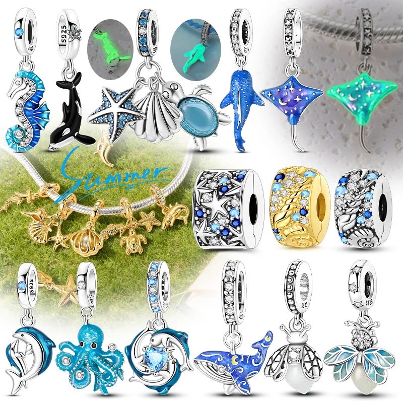 2026 Sommer Charms Perlenanhänger 925 Sterling Silber Ozeanperle Fisch Muschel Schildkröte Charm passend für Armband für Damen DIY Schmuck Geschenk