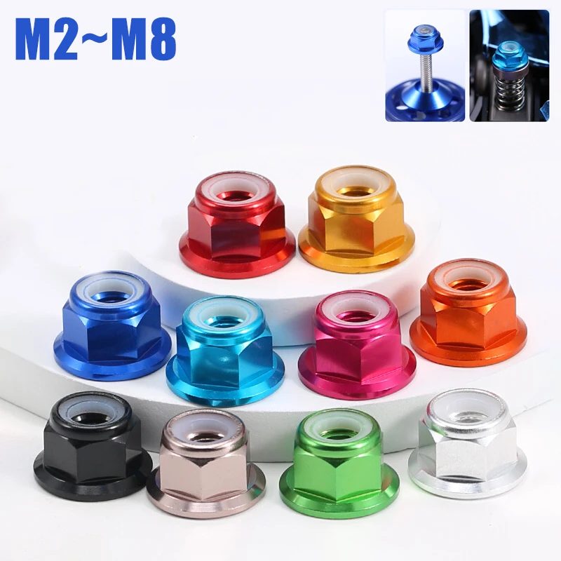 M2 M2,5 M3 M4 M5 M6 M8 Bunte Aluminiumlegierung Flanschmutter Nyloneinsatz Kontermutter Selbstsichernde Mutter Anti-LooseNut CW für RC