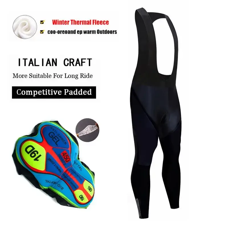 Ganz schwarze Fahrrad-Trägerhose, Winter-Thermo-Fleece, Mountainbike, warm halten, lange Hose, atmungsaktive Fahrradstrumpfhose, 19D-Gel-Pad