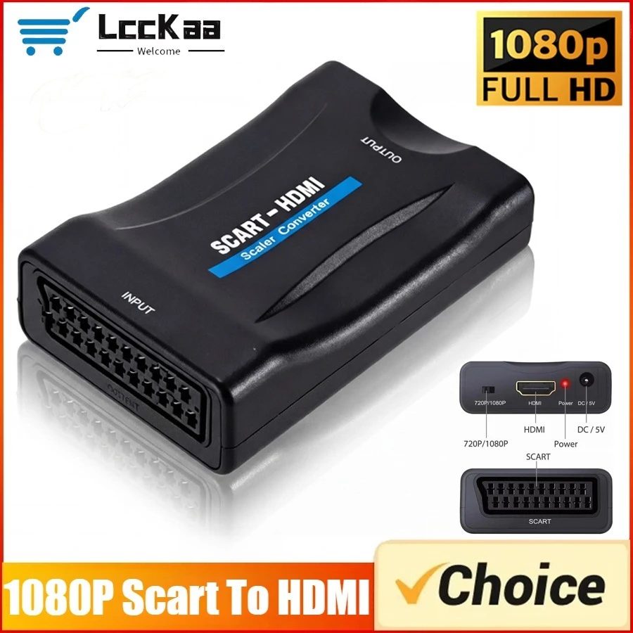 1080P SCART zu HDMI-kompatibel mit Versorgungskabel Audio-Video-Upscale-Adapter Konverter Plug-and-Play für HDTV Sky Box STB DVD