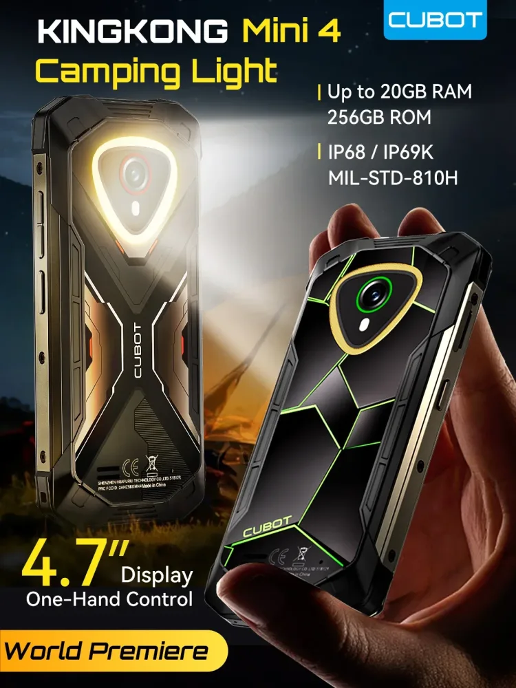 Robustes Mini-Smartphone Android 15 Cubot KingKong MINI 4, 4,7-Zoll-Mini-Bildschirm, 90Hz, 4700 mAh Akku, bis zu 20GB RAM (8+ 12GB), 256GB ROM, 4G mini handy, NFC, 48MP Kamera, Campinglaterne, IP68 &