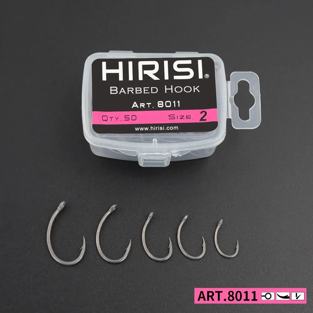 Hirisi Karpfen-Angelhaken, 50 Stück, PTFE-Beschichtung, Widerhaken aus Kohlenstoffstahl, im Karton 8011