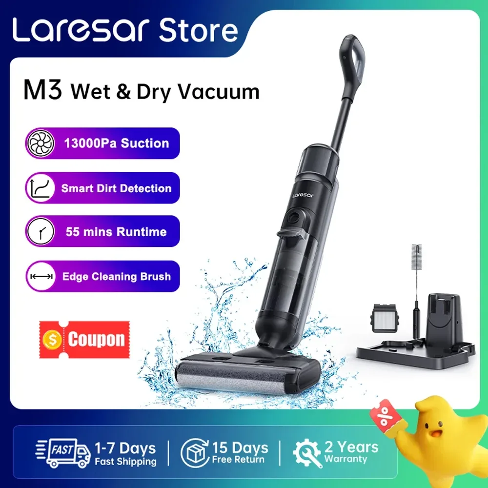 Laresar M3 Kabelloser Nass- und Trockensauger mit Wischfunktion, Randreinigungsdesign, 55 Minuten Laufzeit, automatische Saugkraftregelung, selbstreinigender Bodenreiniger, intelligentes