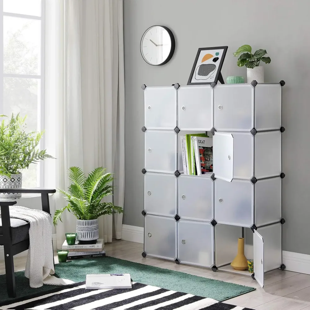SONGMICS Regalsystem, Schuhregal, Set aus 12 Würfeln, Kleiderschrank aus Kunststoff, mit Türen, Steckregal, Aufbewahrung