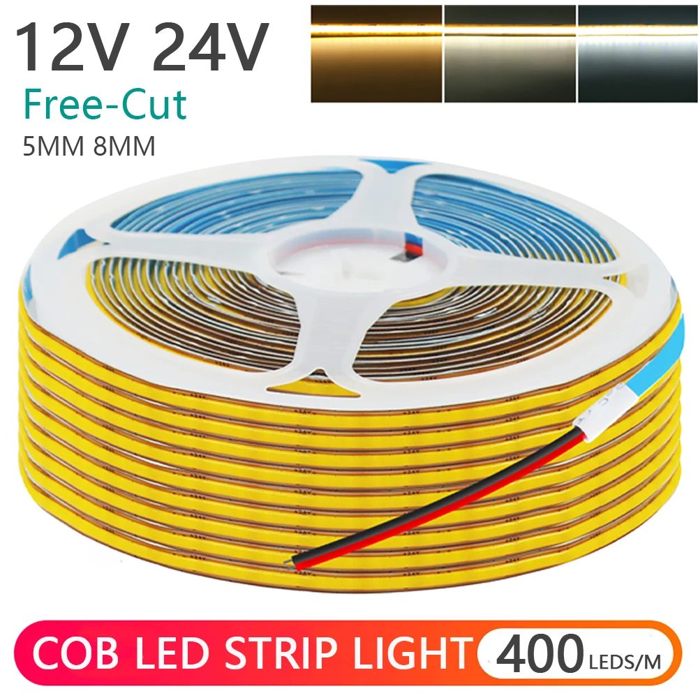 5mm 8mm PCB COB LED Streifen Licht 12V 24V Free Cut 400LEDs/M Hohe Dichte flexible Band 2PIN Draht Home Decor Warm Natürliche Weiß