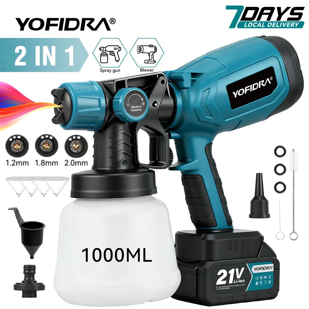 YOFIDRA 1000ML Elektrische Spritzpistole 66000RPM Kabelloser Farbsprüher Auto-Stahlbeschichtungs-Airbrush Elektrowerkzeug für Makita-Akku