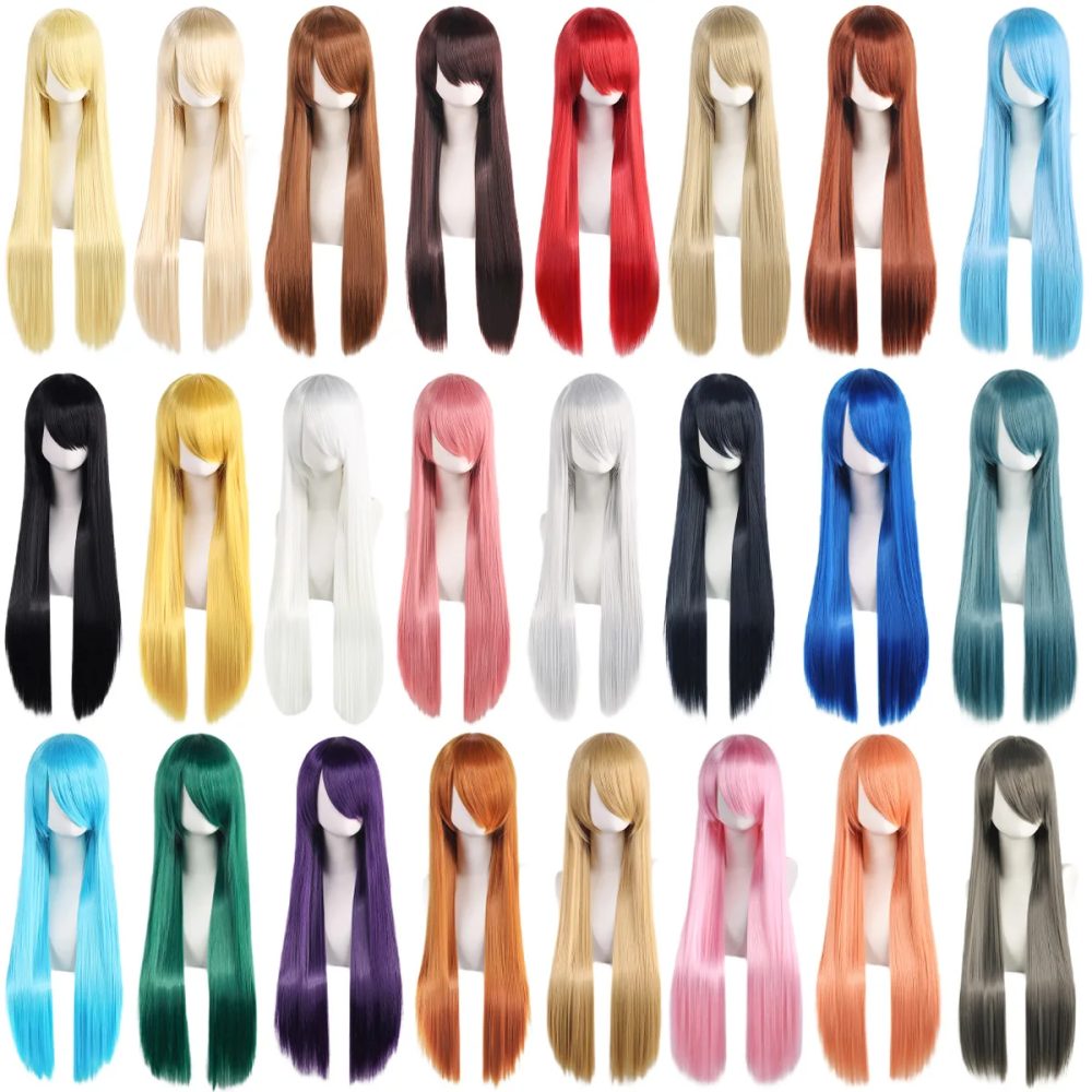 80 cm lange synthetische weiße lila Cosplay-Perücken, grünes Haar, gerade, silberne Perücke, rosa Haarteil, Lolita-Perücke mit Pony