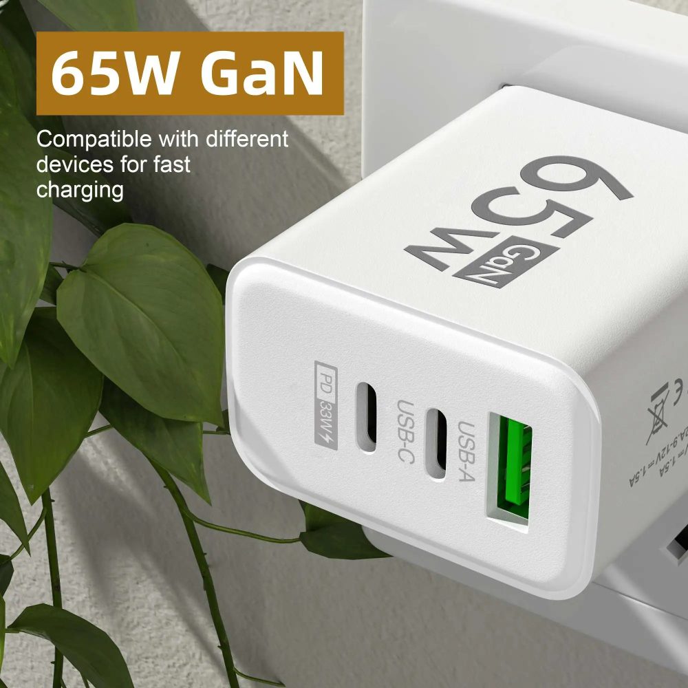 Insgesamt 65W GaN USB-Ladegerät Typ C PD 3 Anschlüsse Schnellladung Handy-Adapter Quick Charge 3.0 Für iPhone Xiaomi Samsung Huawei
