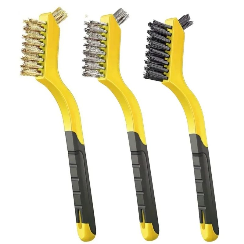Drahtbürsten-Set, Borsten aus Nylon/Messing/Edelstahl mit gebogenem Griff zum Schrubben von Rost, Schmutz und Farbe, Tiefenreinigung