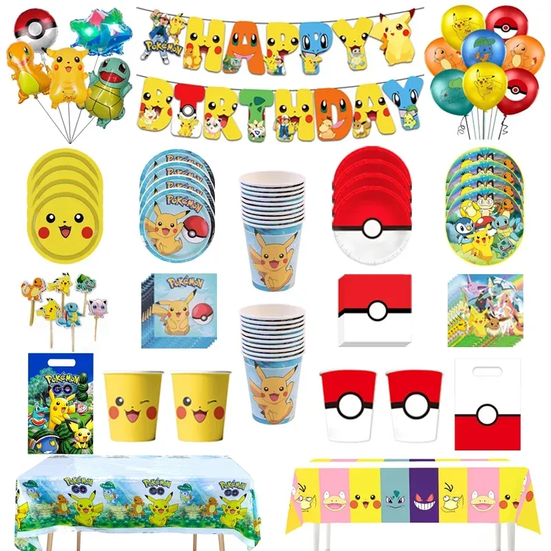 Pokemon Geburtstag Party Dekoration Pikachu Einweg Geschirr Tasse Serviette Platte Tischdecke Baby Dusche Kuchen Topper Flagge Luftballons