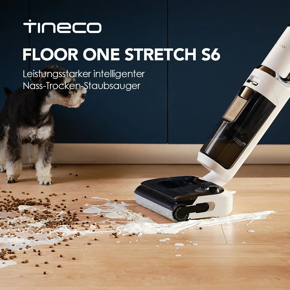 Tineco Floor One Stretch S6 Nass Trockensauger, 180°-Flachdesign Saugwischer 13cm Liegehöhe, 70°C 5min FlashDry Selbstreinigung, 3-Seitige Kantenreinigung 40min Laufzeit Reinigung unter tiefen Möbeln