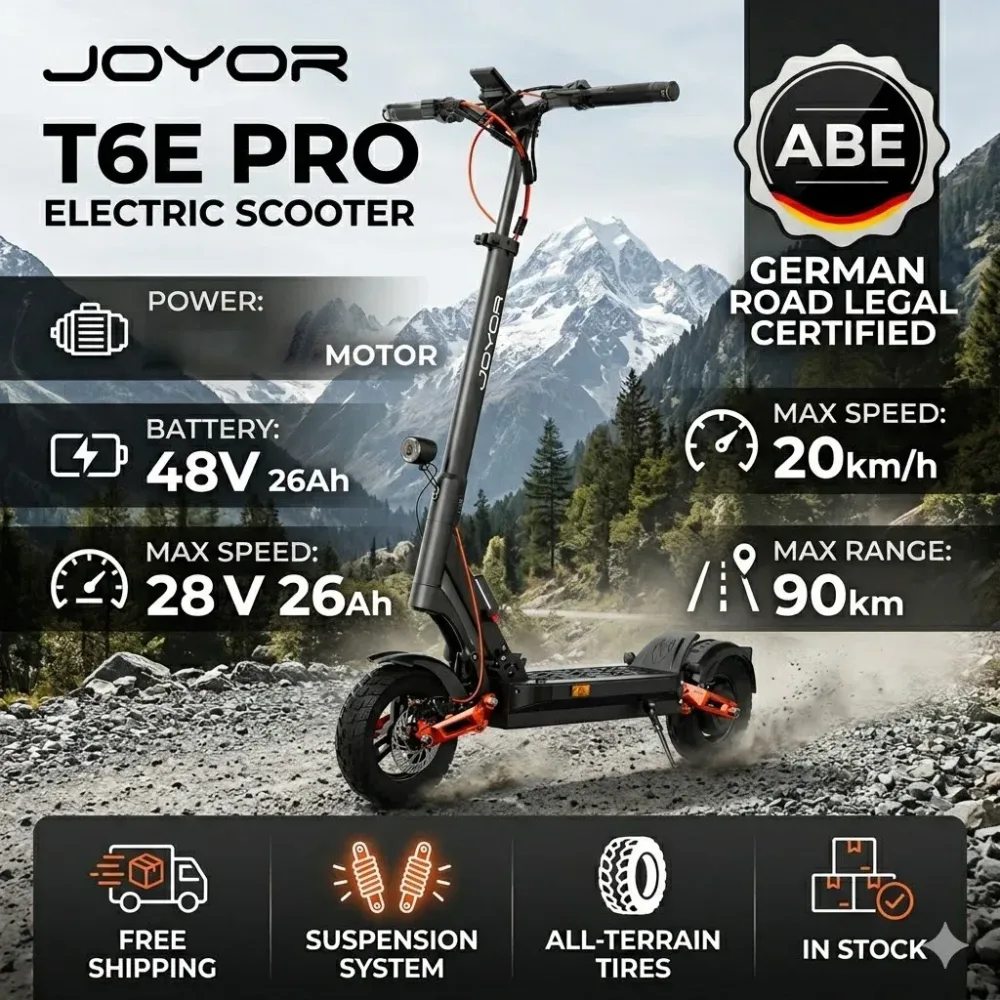 ABE-Zertifizierter & Straßenzugelassener JOYOR T6E PRO E-Scooter, 48V 26AH Hochleistungsakku, Faltbar Tragbar, Vordere und Hintere Blinker, Urbaner Pendler-Elektroroller für Straßenzugelassenes Fahren