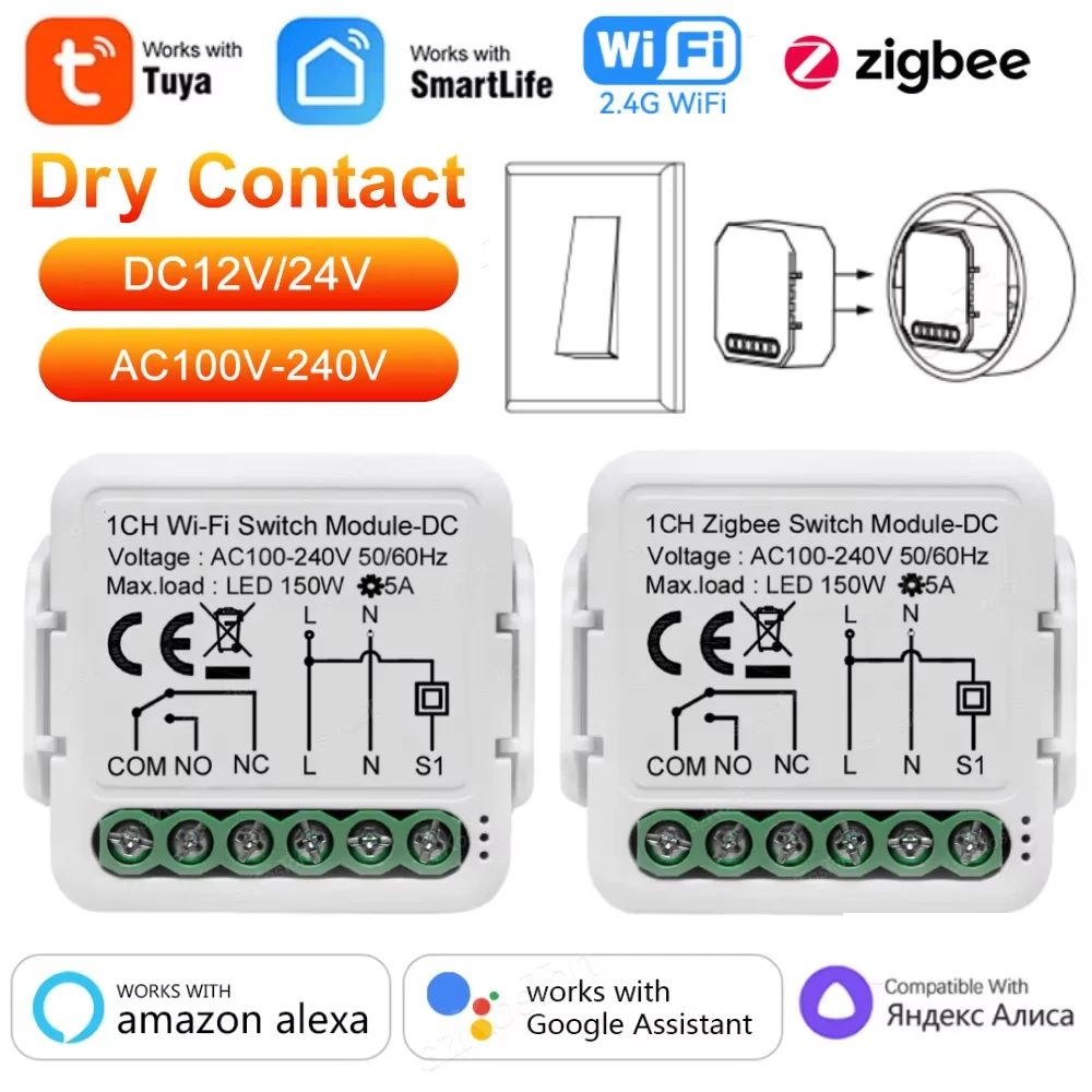 Tuya ZigBee WiFi Smart Switch Modul Trocken Kontakt DC 12/24V AC 100-240V Smart Home DIY Breaker Relais Arbeit mit Alexa Google Alice