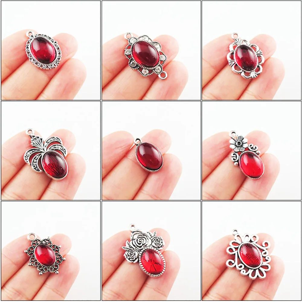 Mode Neue Klee Blume Rose Oval Charms 10x14mm Rot Glasur Tibetischen Silber Überzogene Anhänger Retro