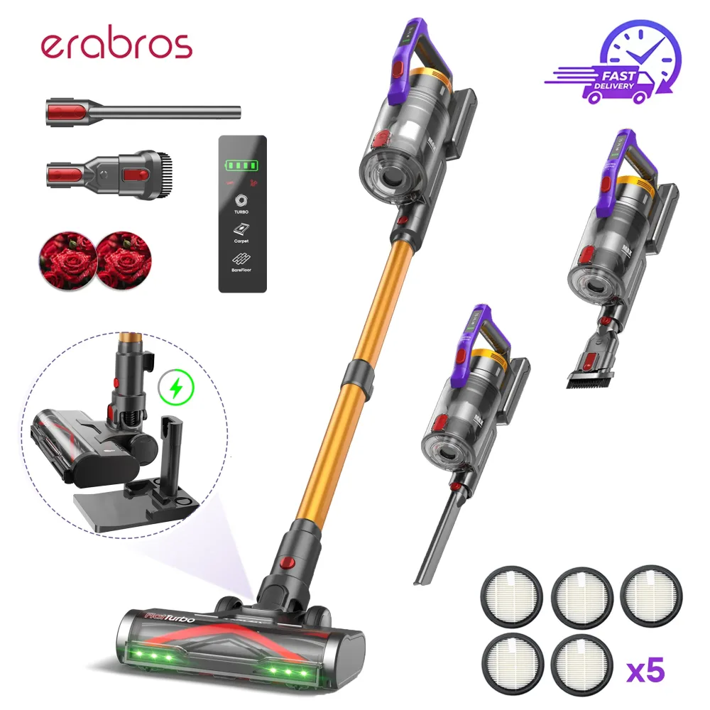 Erabros EV7 Kabelloser Staubsauger, 70KPa Saugkraft, 550W Motor, 70 Min. Laufzeit, Ladestation, Stabstaubsauger mit Aromadesign