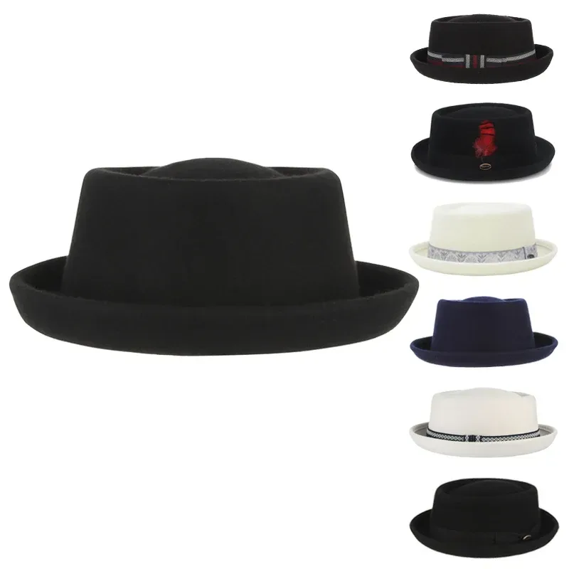 100 % Wolle Pork Pie Fedora-Hut für Damen und Herren, Herbst und Winter, Filz, gebogene Krempe, Porkpie-Hut