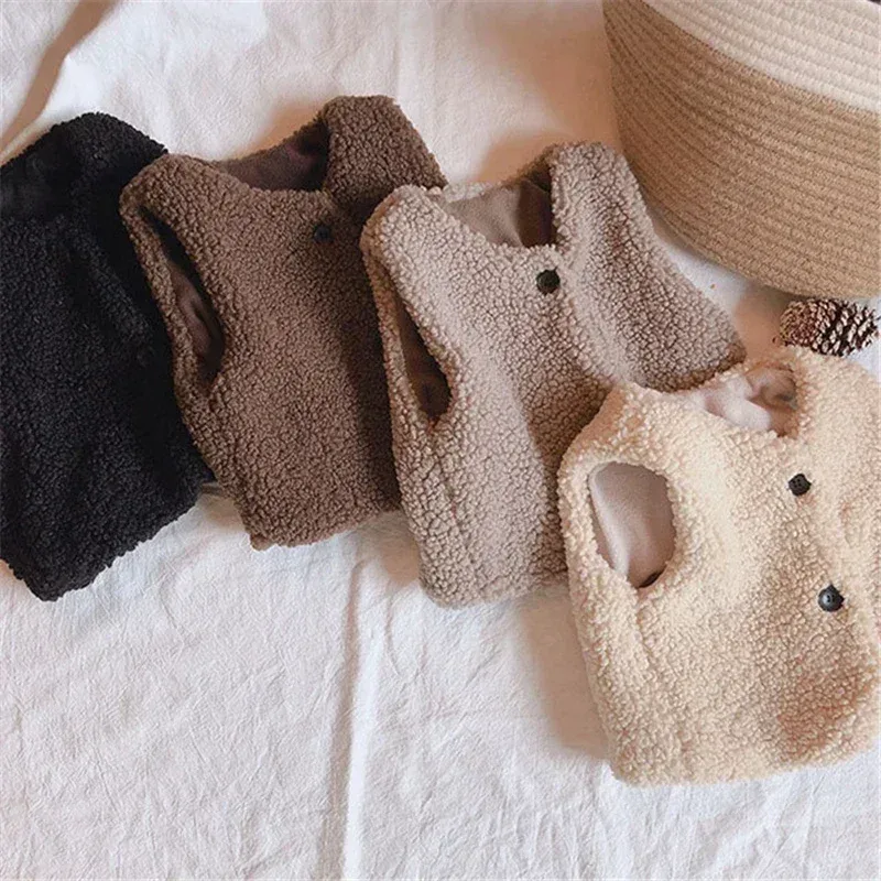 Herbst Winter Baby Lamm Wolle Plus Samt Weste Mädchen Jungen Plüsch Weste Einreiher V-ausschnitt Kind Warme Mode Warme Mantel