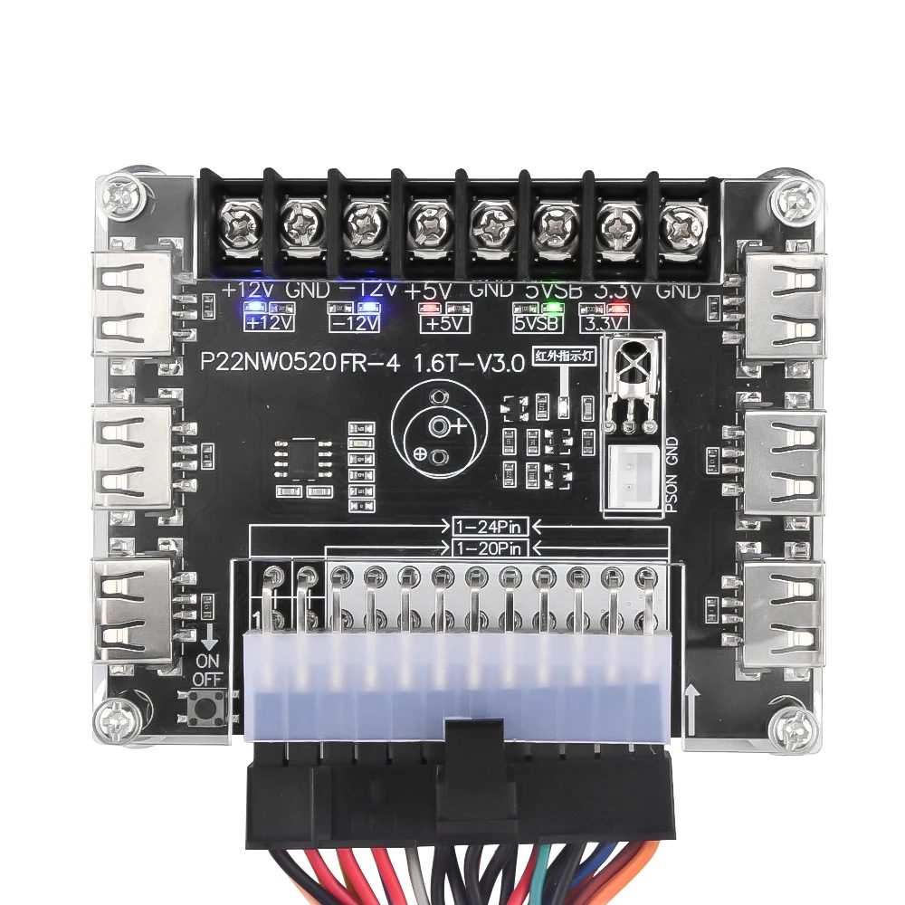 24 Pins ATX Netzteil Breakout Board und Acrylgehäuse Kit Modul Adapter Stromanschluss Unterstützung 12V -12V 5V 5VSB 3,3V