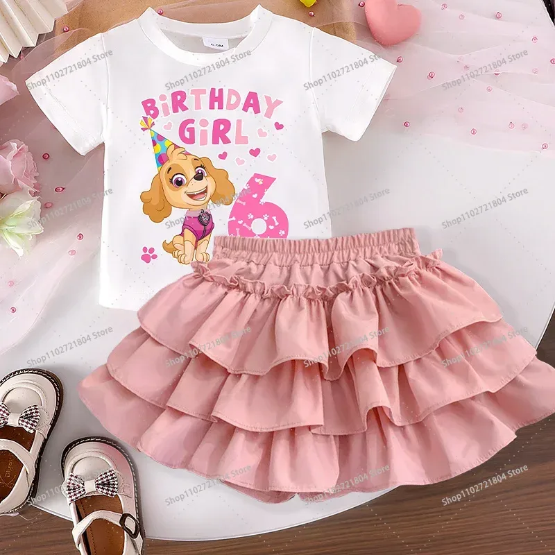 Anime Paws Patrol 2-teiliges Set mit Rock und T-Shirt für Mädchen, Cartoon Nummer 1-9 Bedrucktes Kleid und T-Shirt Set, Kinder Sommer Röcke und Oberteile Set