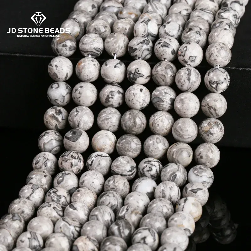 Großhandel Naturstein grau Picasso Karte Jaspis Perle Runde lose Abstand halter 4 6 8 10mm für Schmuck herstellung DIY Armband Halskette