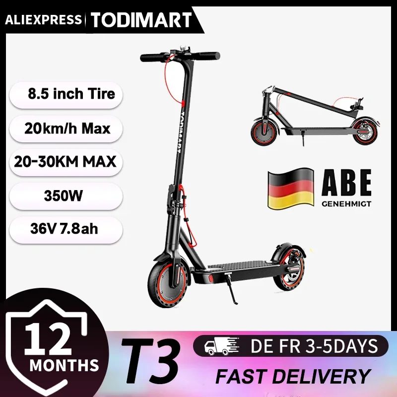 Todimart T3 ABE e scooter mit straßenzulassung, 36V 7.8AH, 350W (500W) City-Elektroroller, 25-35KM, 8,5-Zoll-Reifen, roller erwachsene