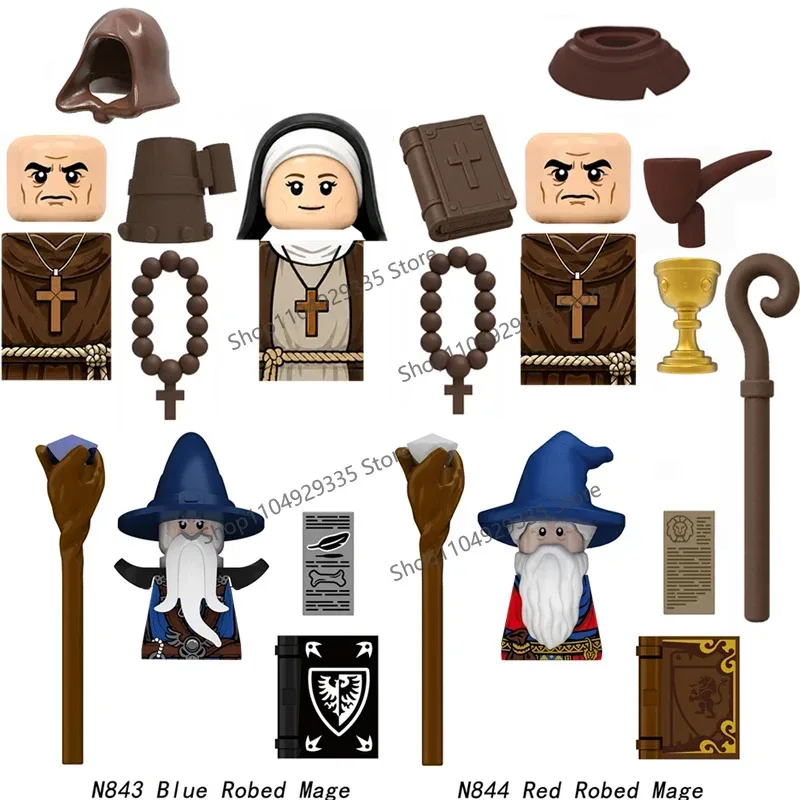 N843-844 MOC Mittelalterliche Figuren Bausteine Rot-Blaue Robierte Magier-Kleriker-Figur Kloster-Nonne 3D UV-Gedruckter Baustein Kinderspielzeug Z02