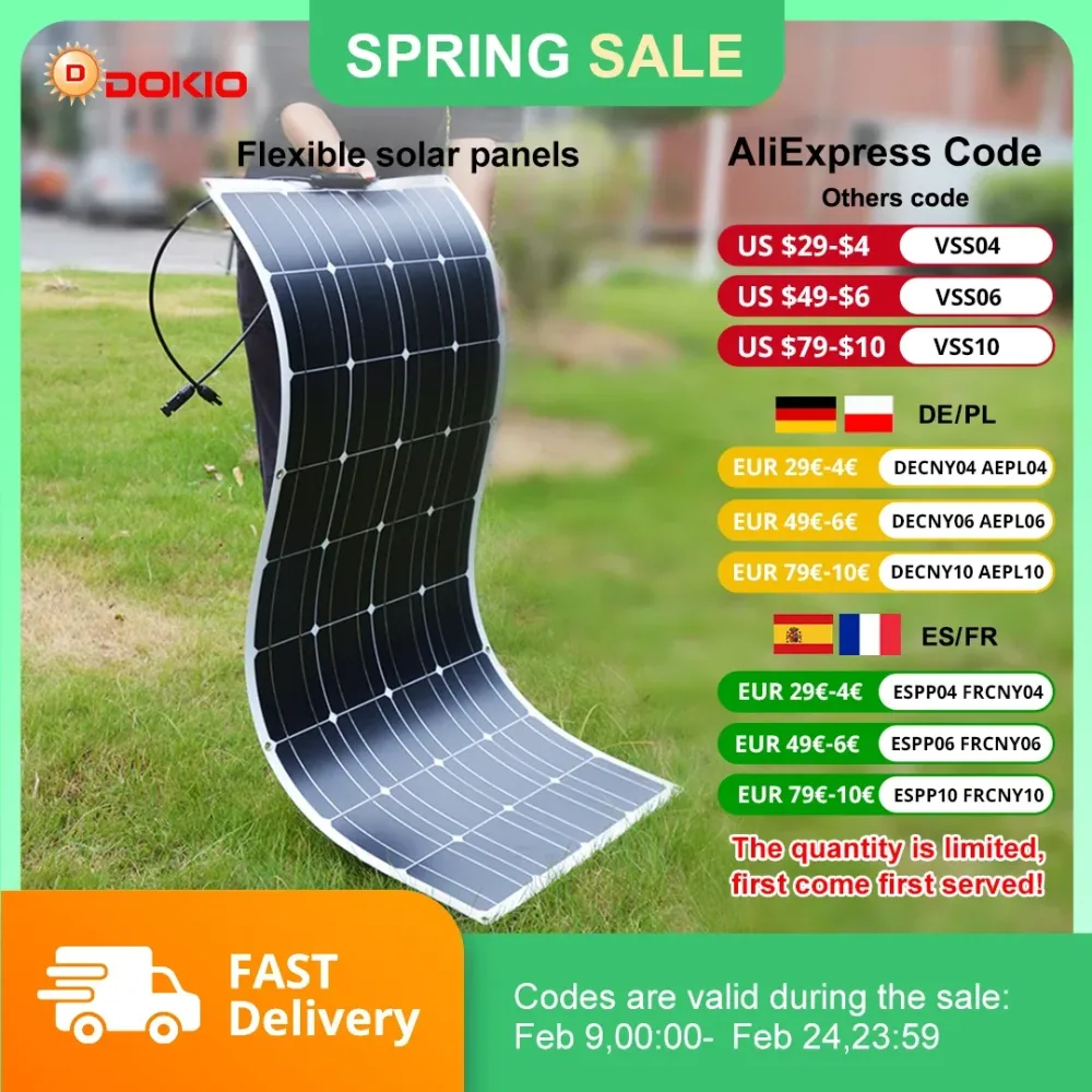 DOKIO 18V 100W/200W/400W Flexible Solarmodule Wasserdichtes monokristallines Solarpanel Camping RV Home Charge 12V