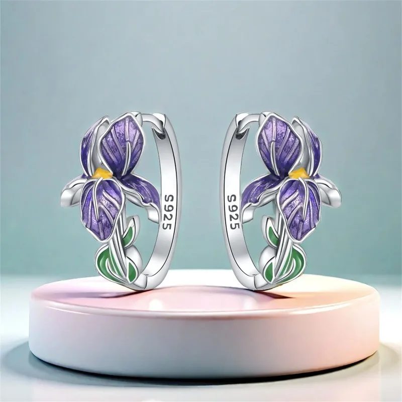 925 Sterling Silber Blumen- und Pflanzen-Serie Lila Iris-Ohrringe Exquisite Hochzeits- und Partygeschenke für Damen Modeschmuck Geschenke