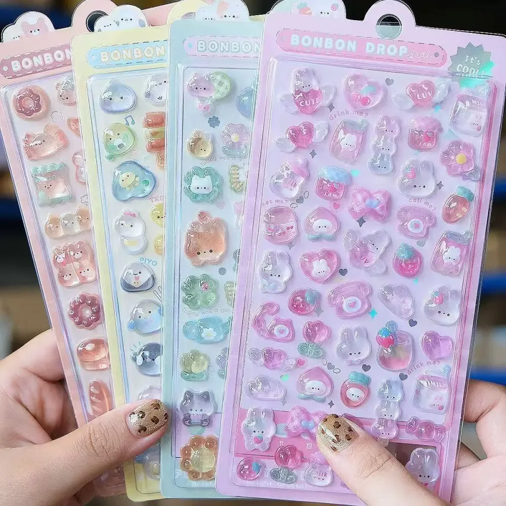 Kawaii 3D Jelly Resin Aufkleber Niedliche Cartoon Glitzer Transparente Abziehbilder für Scrapbooking Handyhülle Laptop DIY Deko
