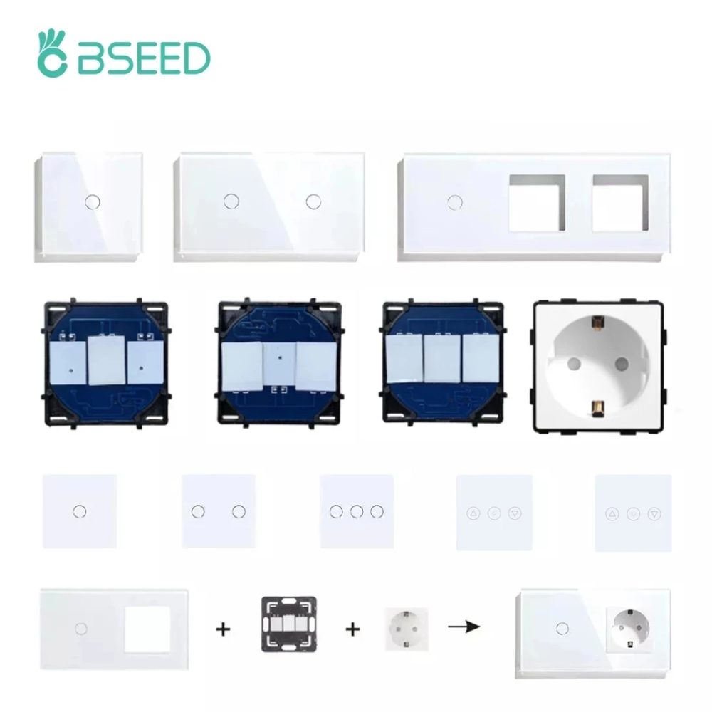 BSEED Wand-Touch-Schalter, 1/2/3 Gang, 1/2 Wege, Lichtschalter, Dimmer, Funktionsteile, Glasscheibenrahmen, EU-Wandsteckdosen, DIY-Teile, Weiß