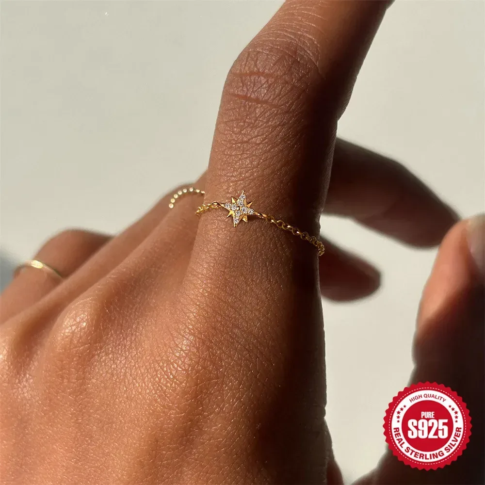 ROXI 925 Sterling Silber achteckiger Stern/rund/förmig geformter Zirkon-Anhänger Fingerringe für Damen, verstellbarer Öffnungs-Kettenring, Schmuck