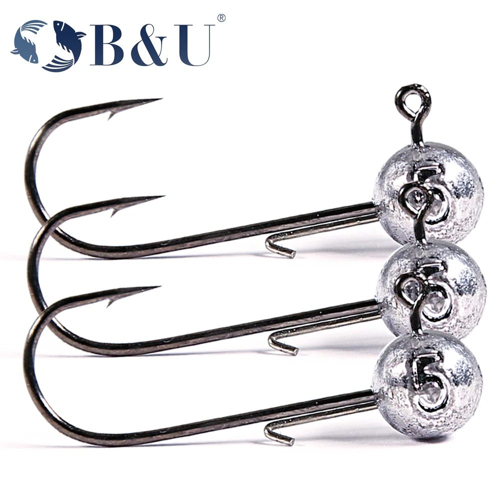 B&U NED-Kopf-Jigs-Haken, 2 g?14 g, runder Ball-Jig-Kopfhaken in allen Größen, unkrautlos, langer Schaft, sekundäre Haken für weiches Wurmangeln