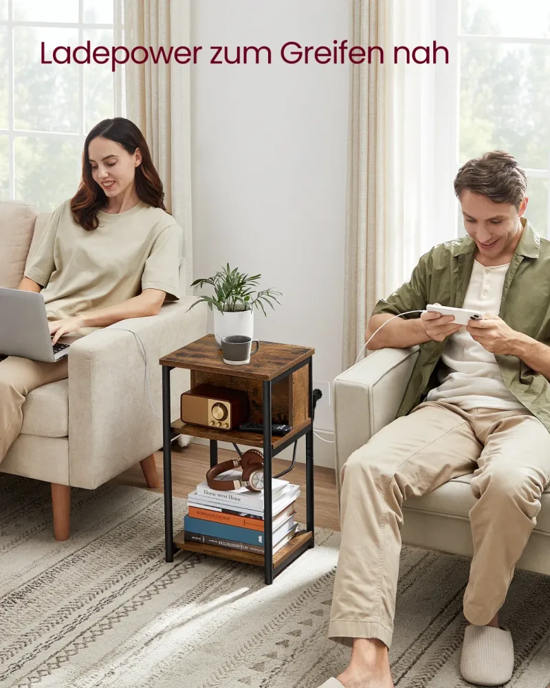 VASAGLE Beistelltisch, Nachttisch mit Steckdose, schmal, 2 AC-Anschlüsse, 2 USB-Anschlüsse, 30 x 34 x 58 cm, für Wohnzimmer
