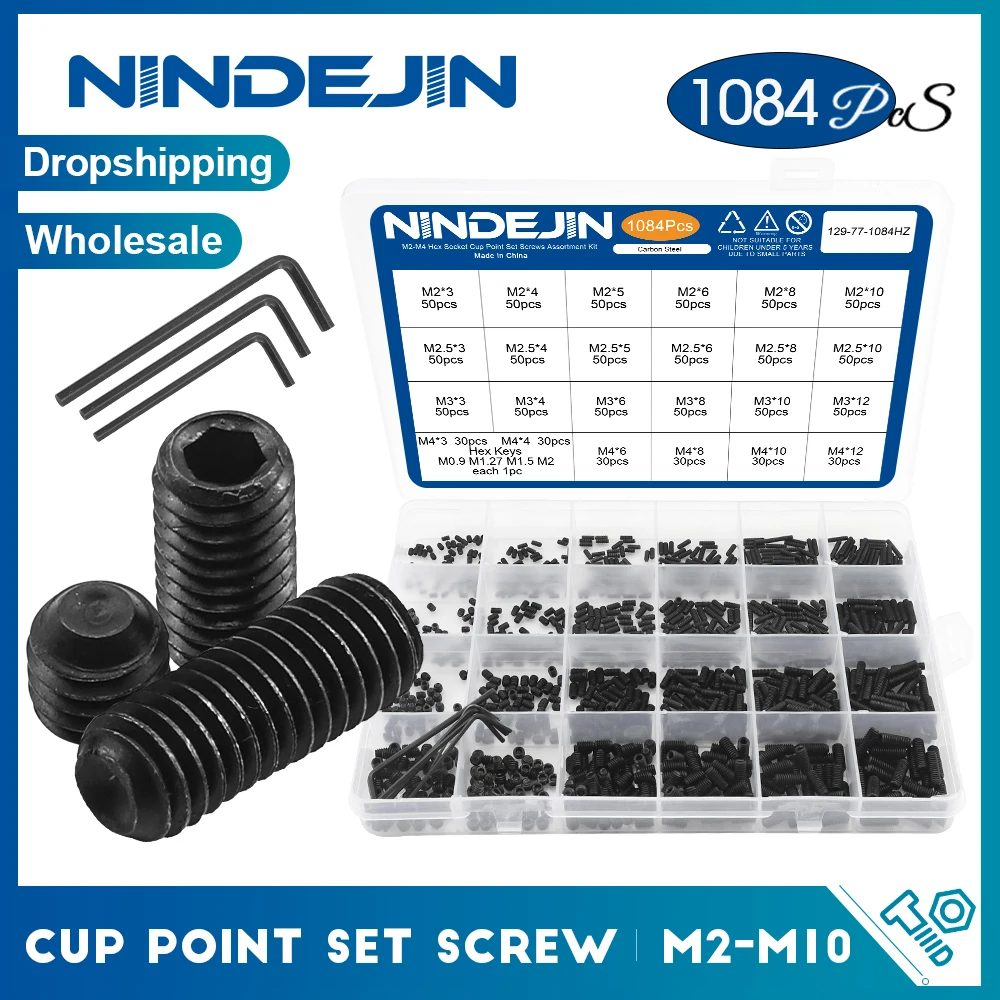 NINDEJIN Innensechskant-Getränkepunkt-Stellschraube M2 M2,5 M3 M4 M5 M6 M8 12,9 Kohlenstoffstahl kopfloser Innensechskant-Gewindeschrauben-Sortiment-Set