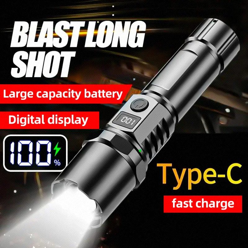 Ultrahelle LED-Taschenlampe mit Zoom und Batterieanzeige, USB-Aufladung, Camping-Lichtblitz