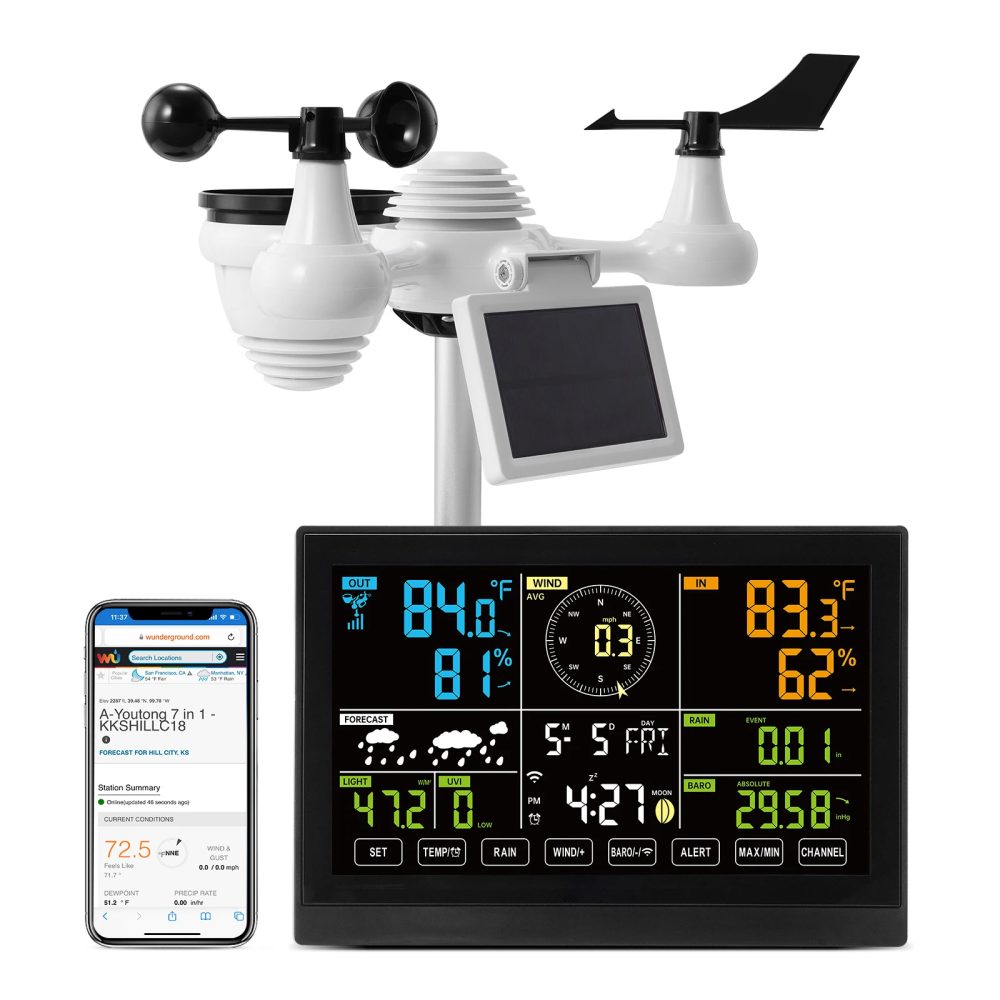 SucceBuy 7-in-1 WLAN-Wetterstation mit 7,5 Zoll Farbdisplay + Solarbetriebener Drahtloser Außensensor für Temperatur- und Feuchtigkeitsalarme