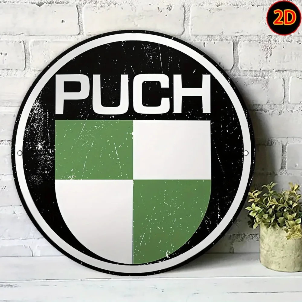 2D Flat ? [2D Flat] Vintage PUCH Marken-Metallschild ? 19,99 cm runde Aluminium-Wandkunst mit grün-weiß kariertem Design, rustikal