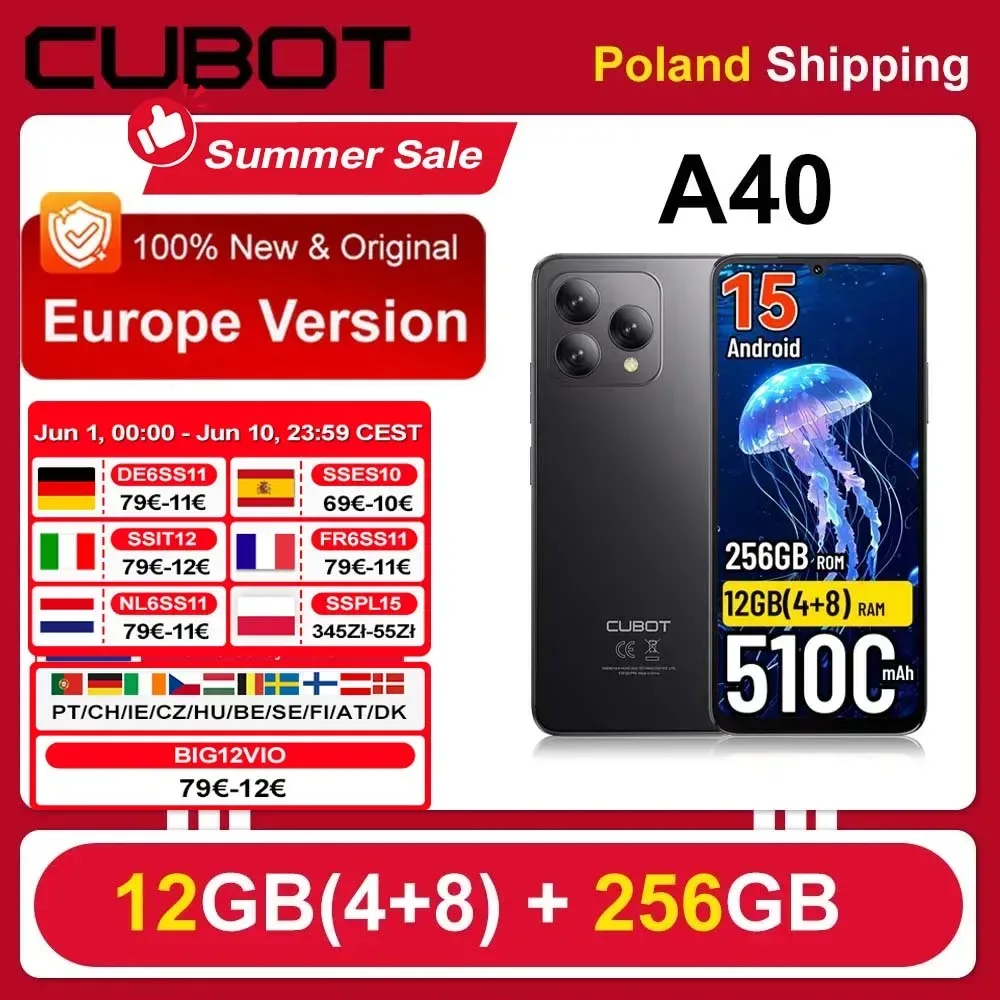 [Versand aus Polen] Cubot A40 Smartphone Android 15 12GB(4+8)+ 256GB 5100mAh NFC 6,88'' 120Hz Gesichtserkennung 4G Telefon