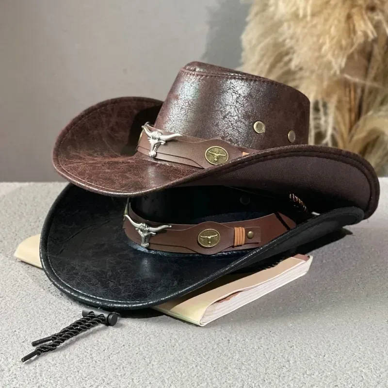 Western-Cowboyhüte aus Kunstleder für Damen und Herren, Vintage-Gentleman-Hüte, Panama-Cowgirl-Jazzmütze, Sombrero Hombre