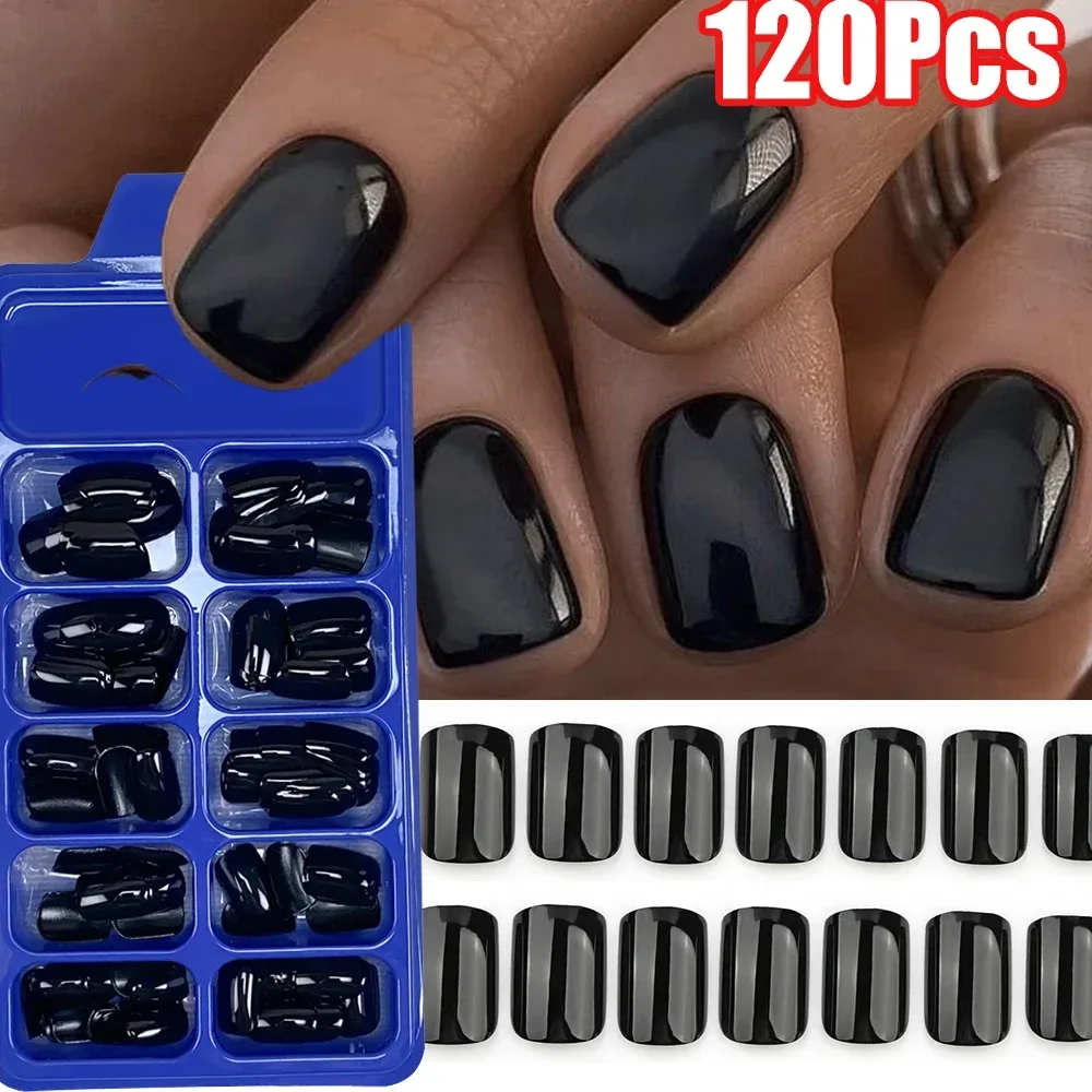 120 Teile/schachtel Glänzend-Schwarz Kurze Quadratische Künstliche Nägel Solide Schwarz Farbe Acryl Falsche Nägel Drücken Auf Nagel Schwarz Quadrat maniküre Tipps