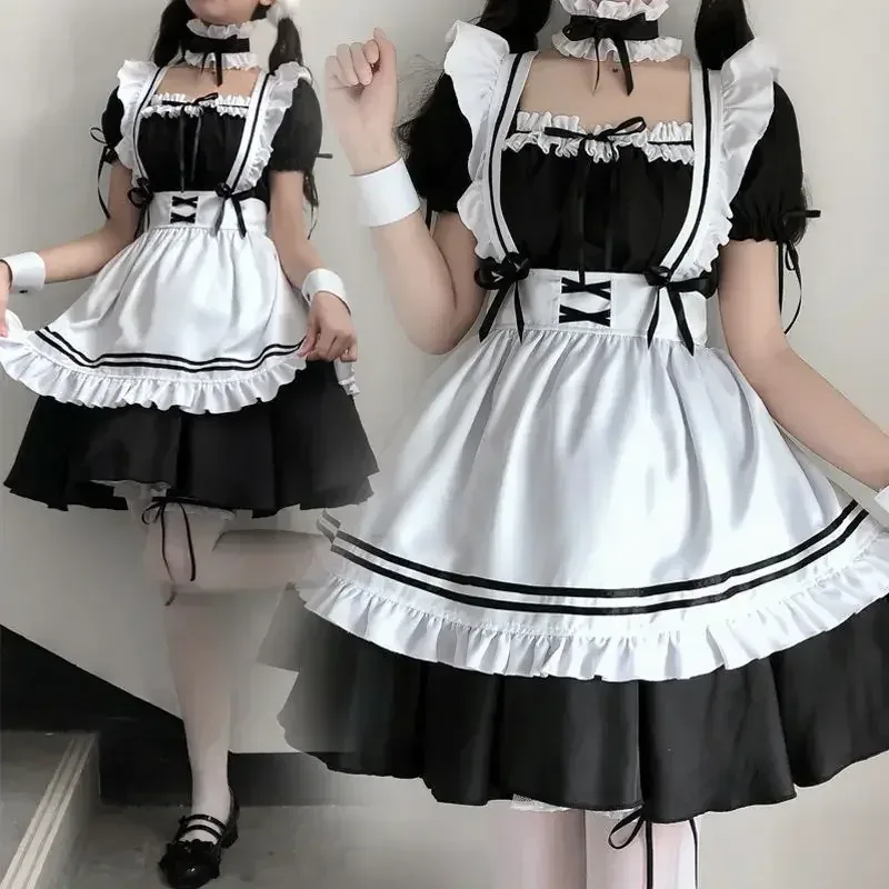 Schwarzes süßes Lolita-Dienstmädchen-Kostüm für Mädchen und Frauen, schönes Dienstmädchen-Cosplay-Kostüm, Animationsshow, japanisches Outfit, Kleid, Kleidung, CafeMaid4XL