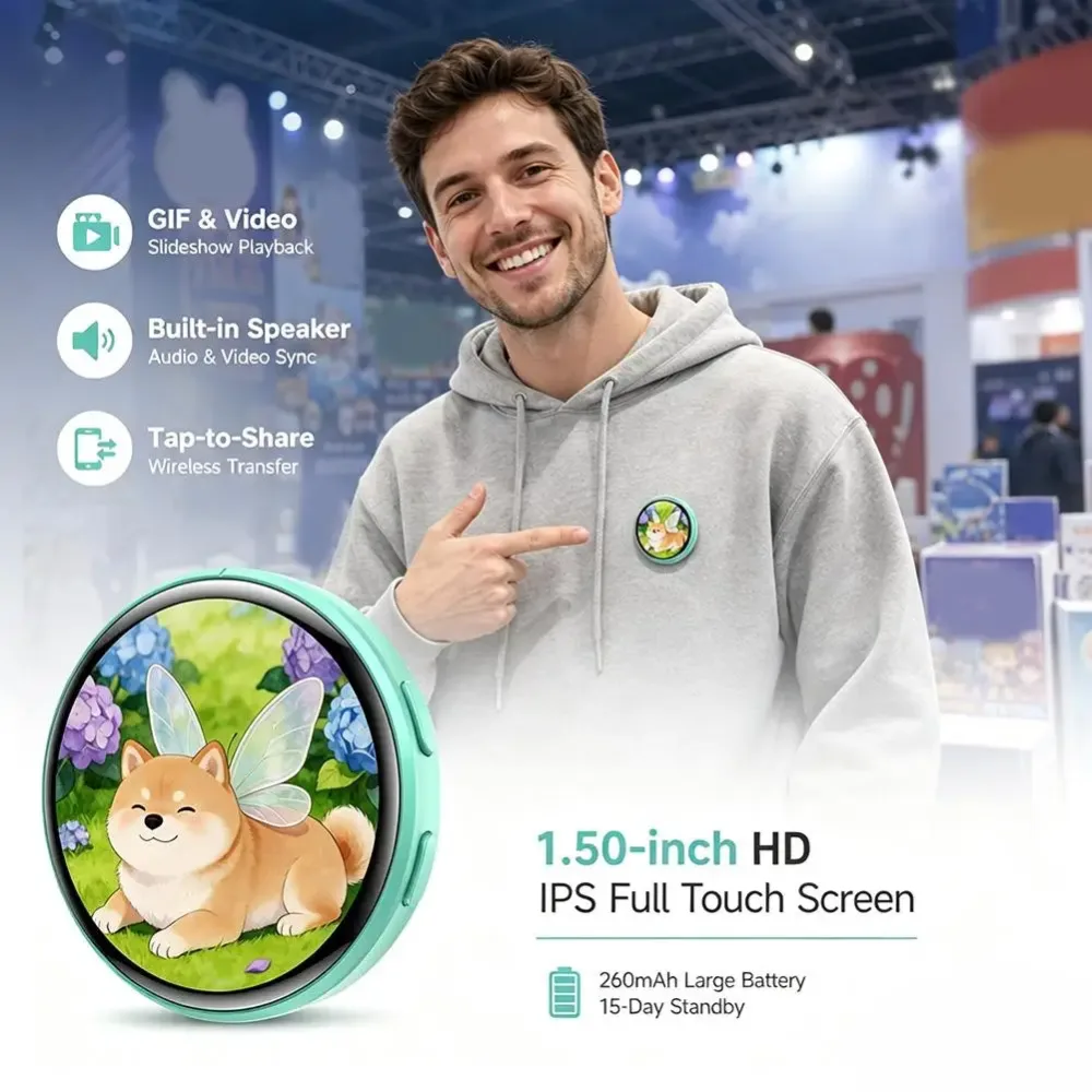 Dynamisches elektronisches Abzeichen-Display, 1,5 Zoll Touchscreen, Anime-E-Abzeichen für Spiele-Peripheriegeräte, ausgezeichnetes Geschenk für Fans, Freunde, Geburtstagsgeschenk