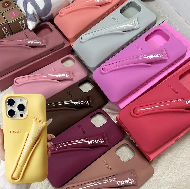 Für iPhone 16 12 13 14 15 11 Pro Max Plus 17 Modische Rhode Handyhülle Grau Toast Espresso Schleife Lipgloss-Halter Silikonhülle
