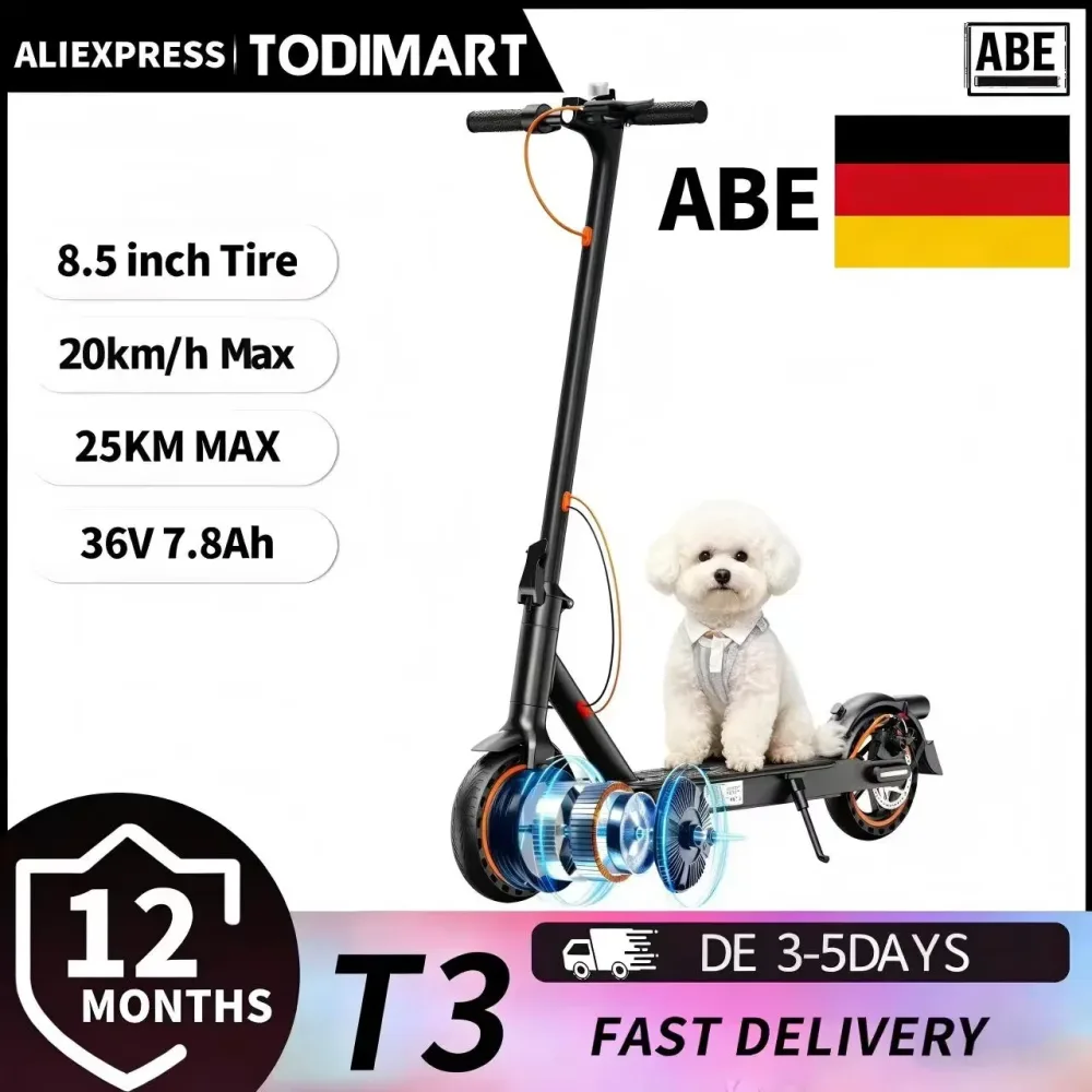 Todimart T3 ABE E Scooter mit Straßenzulassung, 36V 7.8AH,  25-35KM, 8.5-Zoll-Reifen Scooter , Stadt-Elektroroller