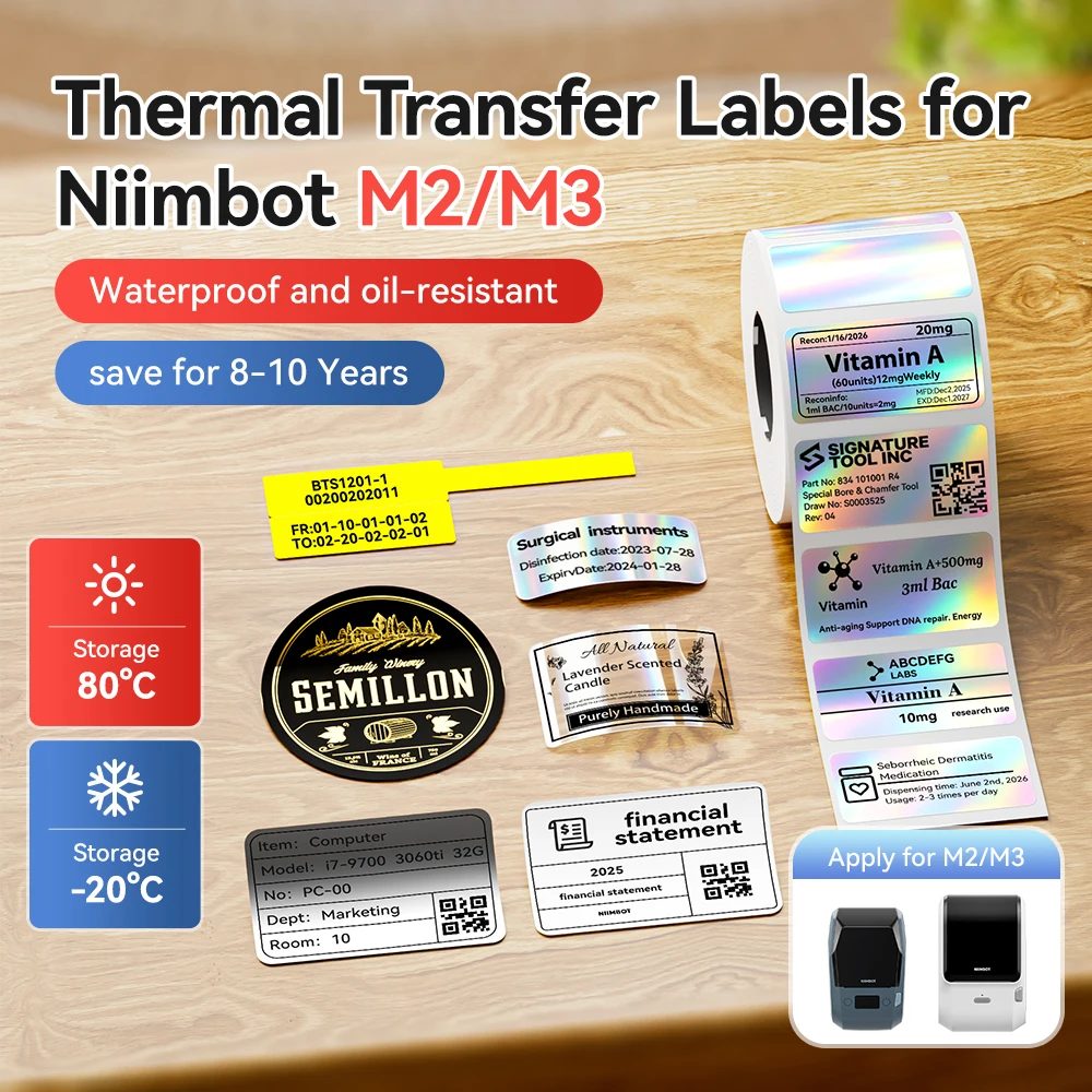 3 Rollen Niimbot M2/M3 Thermotransfer-Etikettenpapier, weiß/farbig/transparent/silber/holografisch, selbstklebender Aufkleber mit langer Haltbarkeit
