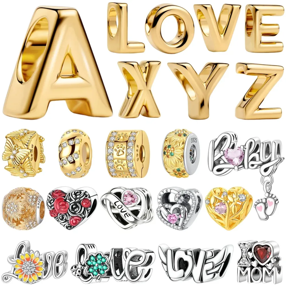 925 Sterling Silber Goldene 26 Buchstaben-Anhänger, Liebesherz, Familienstammbaum, Mutter, Schmetterling Perlen für Armband, Halskette, DIY Schmuck Geschenk